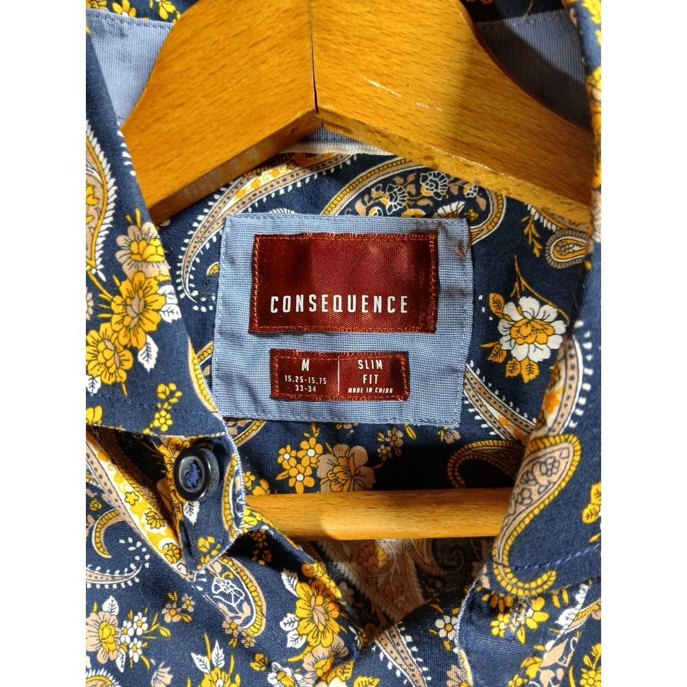 Consequence Mens Slim Fit Paisley Floral Button Down Shirt Navy Yellow Medium - Picture 3 of 8
